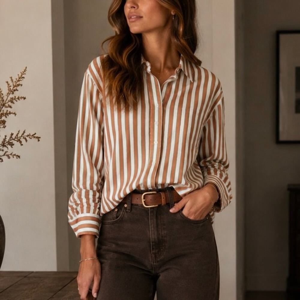 Xirena Beau Striped Long Sleeve Cropped Button-Up Shirt Tobac Green Women's M